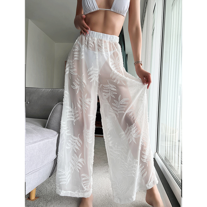 Pantalones de playa con protección solar de jacquard, de gasa, de cintura alta y pierna ancha, para mujer, ropa de bikini, pantalones casuales holgados