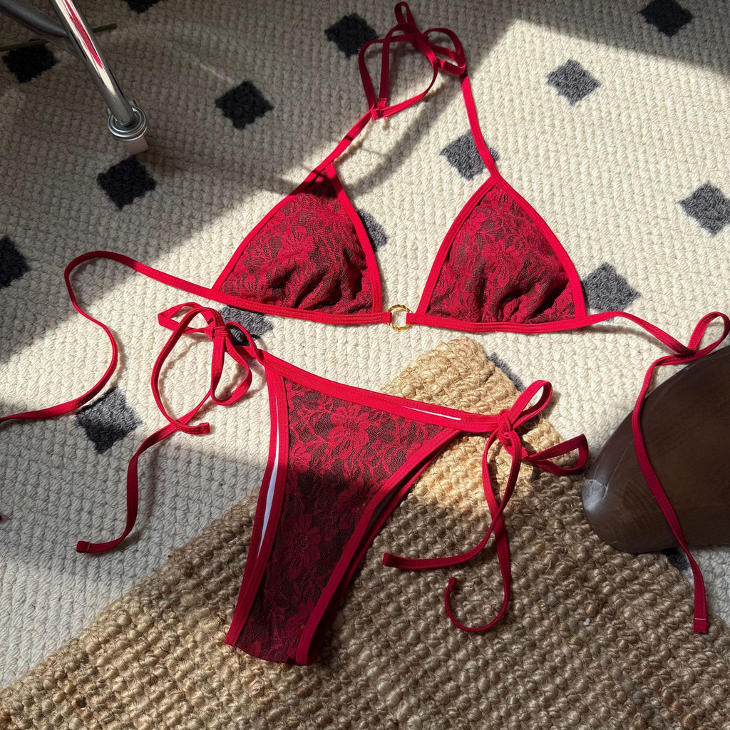 Sexy Lace Triangle Bikini Swimsuit Women Bikini Strap Halter Three Point Swimsuit SanYuva