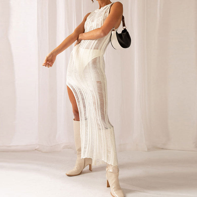 Summer Beach Dress Sexy Slit round Neck Sleeveless Knitted Dress Solid Colored Sun Protection Swimsuit Blouse Dress Crochet hook Crochet hook Crochet hook