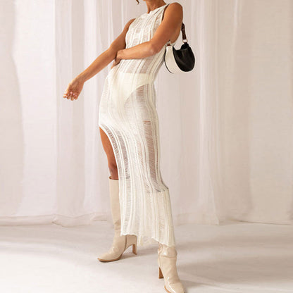 Summer Beach Dress Sexy Slit round Neck Sleeveless Knitted Dress Solid Colored Sun Protection Swimsuit Blouse Dress Crochet hook Crochet hook Crochet hook