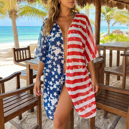 Women Sun Protection Cardigan Women Clothing Contrast Color Striped Stitching Batwing Sleeve Beach Coat Beach Cover Up Oyimi