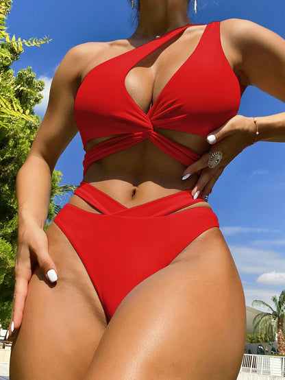 Bikini One Shoulder Swimsuit Sexy Swimming Suit Women Criss Cross Swimwear Solid Color Bikini