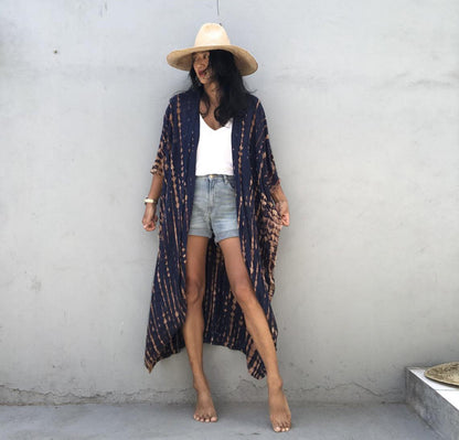 Rayon Tie-Dyed Floral Cardigan Holiday Casual Beach Bikini Cover with Straps 17 Colors