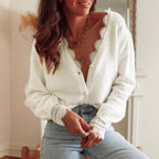 Gilet en maille à col V et coutures en dentelle pour femme, haut élégant et ample de couleur unie, idéal pour l'automne.