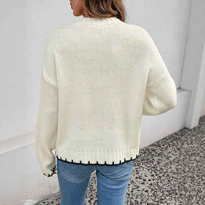 Autumn Winter Retro round Neck Long Sleeve Striped Contrast Color Sweater Women