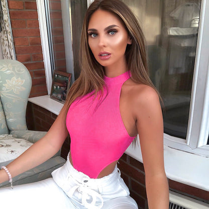 Summer Women Clothing Slim Vest Top Sexy Halter Sleeveless High Slit Bodysuit