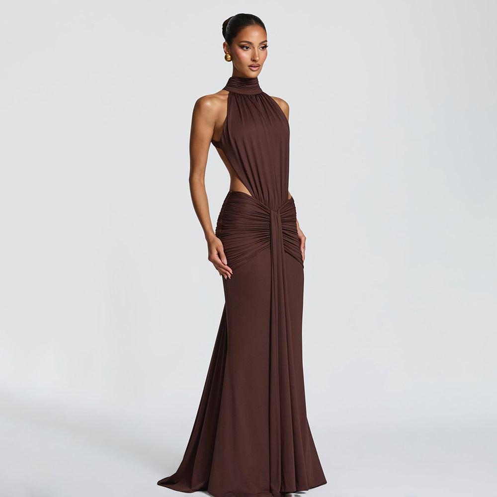 Halter Pleated Slim Fit Maxi Dress High Neck Sexy Backless Cocktail Dress FDxojjc