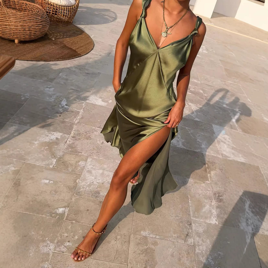 Spring Summer Satin Sleeveless Split Dress Casual Vacation Women Dress Oyrina