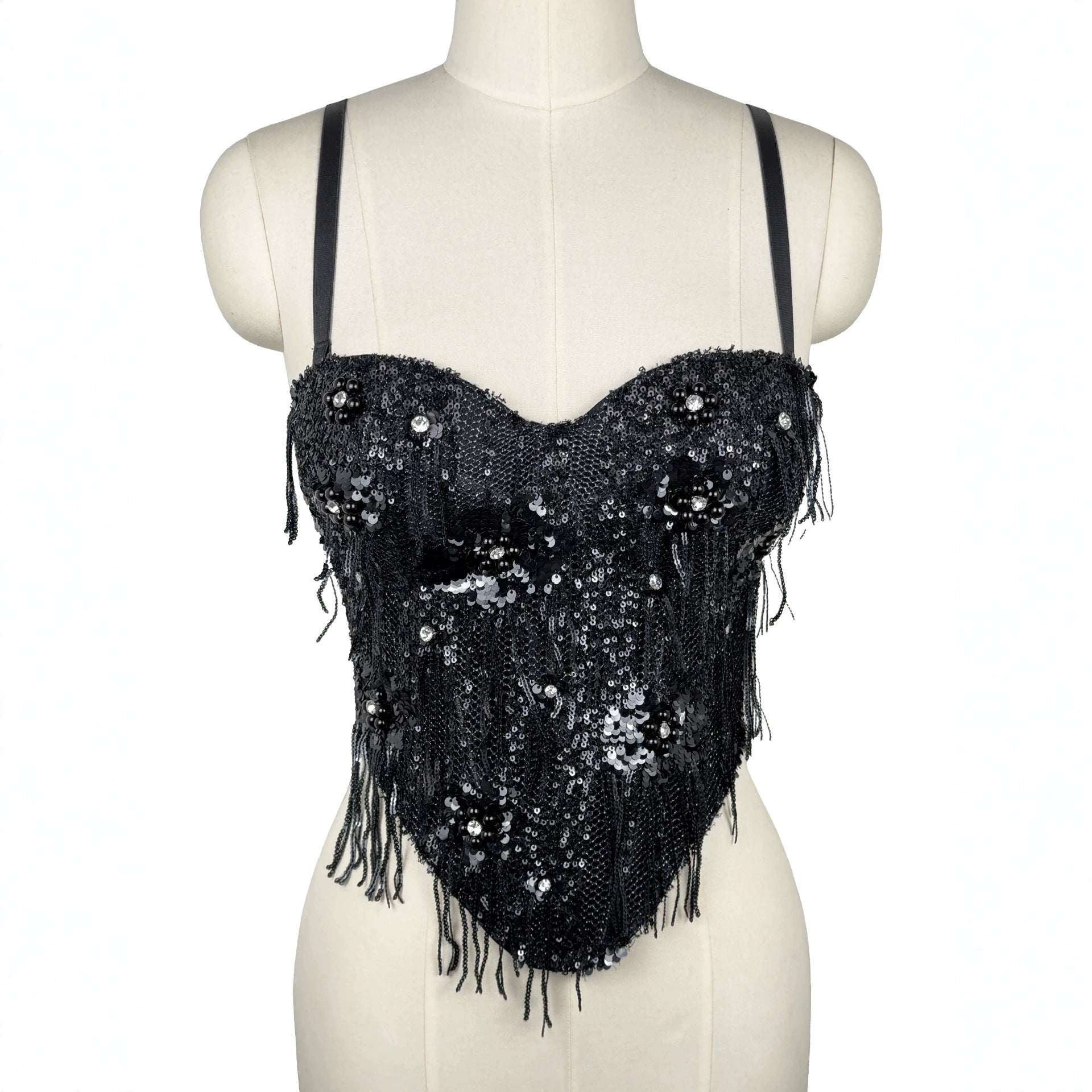 Sequ Tassel Suspender Vest Sexy Boning Corset Bra Rhinestone Beaded Outer Wear Tube Top Boning Corset Top Kanuner