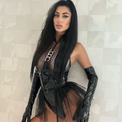 Sexy Patent Leather One Piece Mesh Backless See through Sexy Lingerie Set