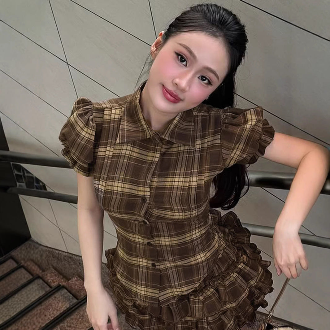 Korean Sweet Girl Preppy Plaid Puff Sleeve Shirt Irregular Asymmetric Hem Waist Slimming Single Breasted Cardigan Top Skirt Sets