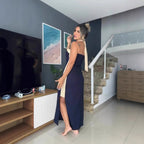 Summer Women Clothing Cotton Linen Backless Halter Split Dress Women Venly