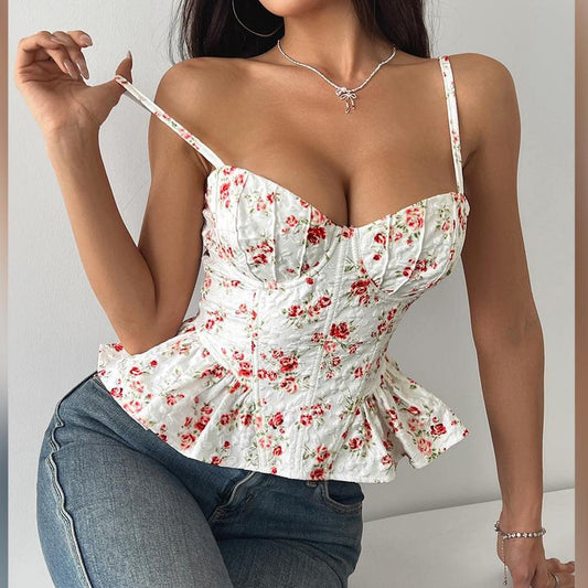 Spring Summer Floral Irregular Asymmetric Ruffled Light Slimming Sexy Backless Lace up Wrapped Chest