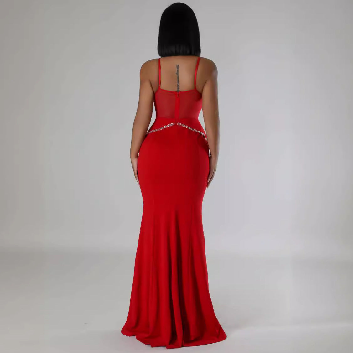 Sexy Rhinestone Mesh See Through Stitching Lace Hip Elastic Sling Dress WINNIEYA