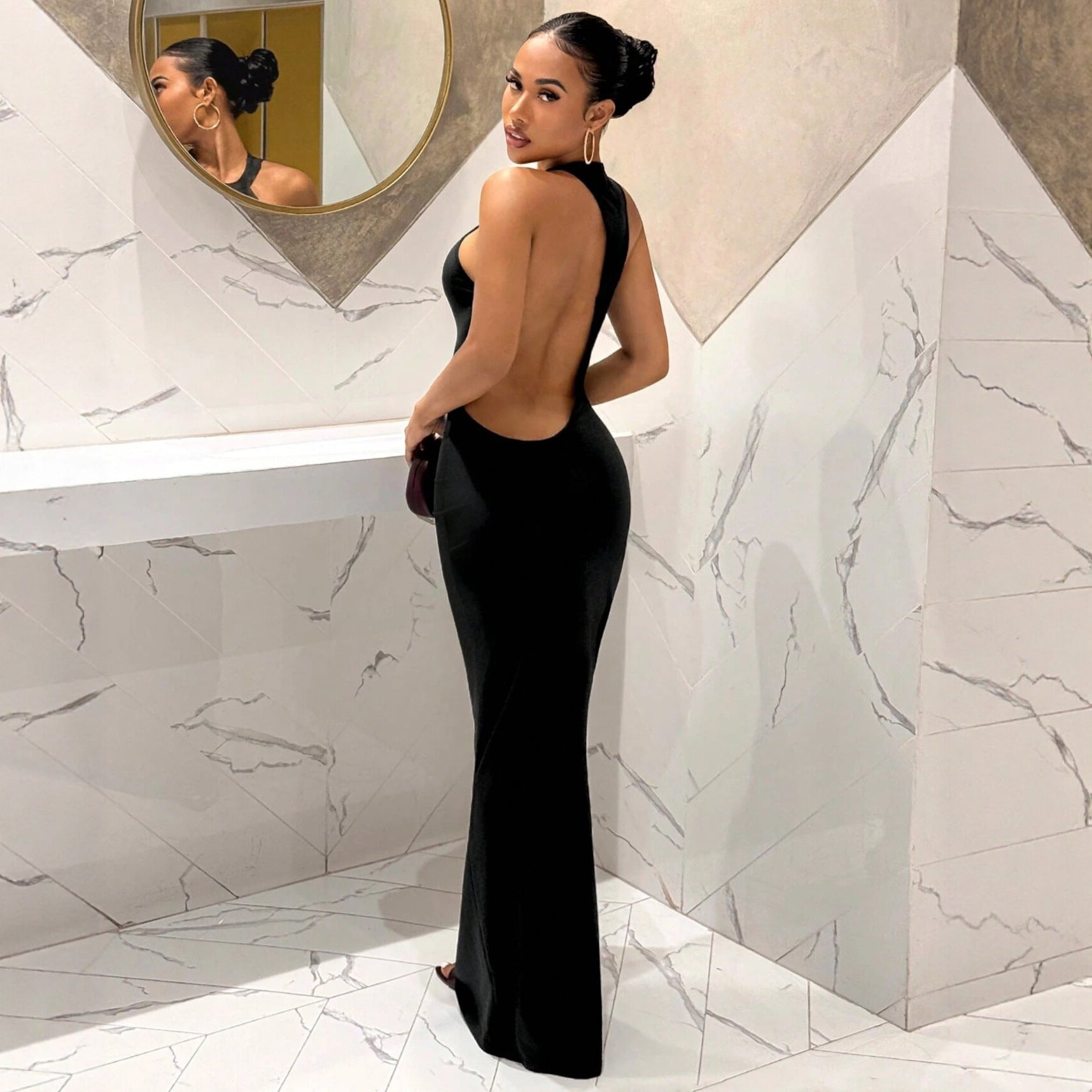 Women Clothing Solid Color Cocktail Slim Fit Sexy Halter Cut out Maxi Dress Sheath Sleeveless Dress Splendor