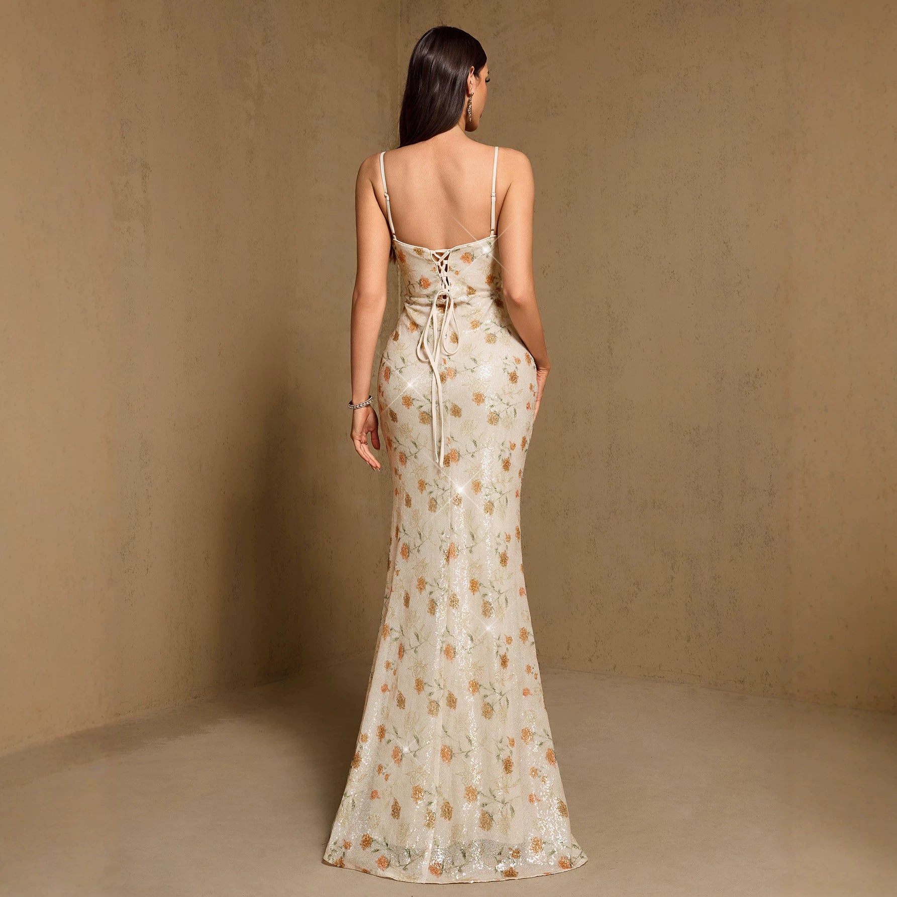 Spring Summer V neck Sling Backless High Slit Back Strap Evening Dress Party Dress HENGACHI