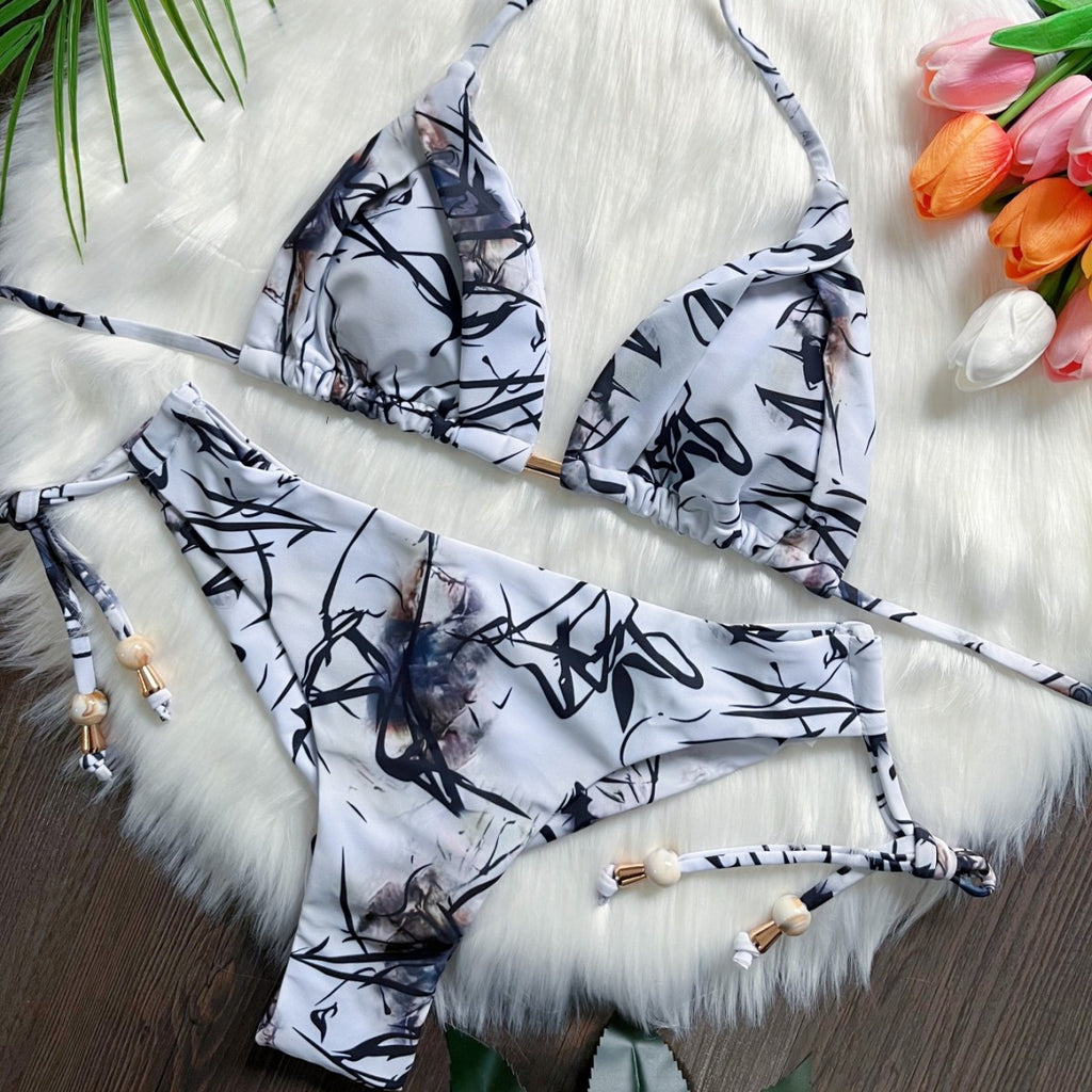 Bikini sexy à fleurs, bikini fendu, maillot de bain dos nu, vacances à la plage, bikini froncé