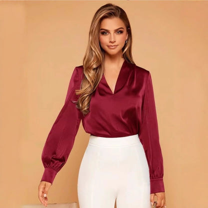 Women V neck Shirt Tops Fall Long Sleeve Satin Shirt