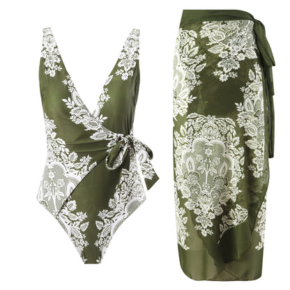 Gathering Belly Covering Sexy High Waist Bikini Split Swimsuit Set Chiffon Dress