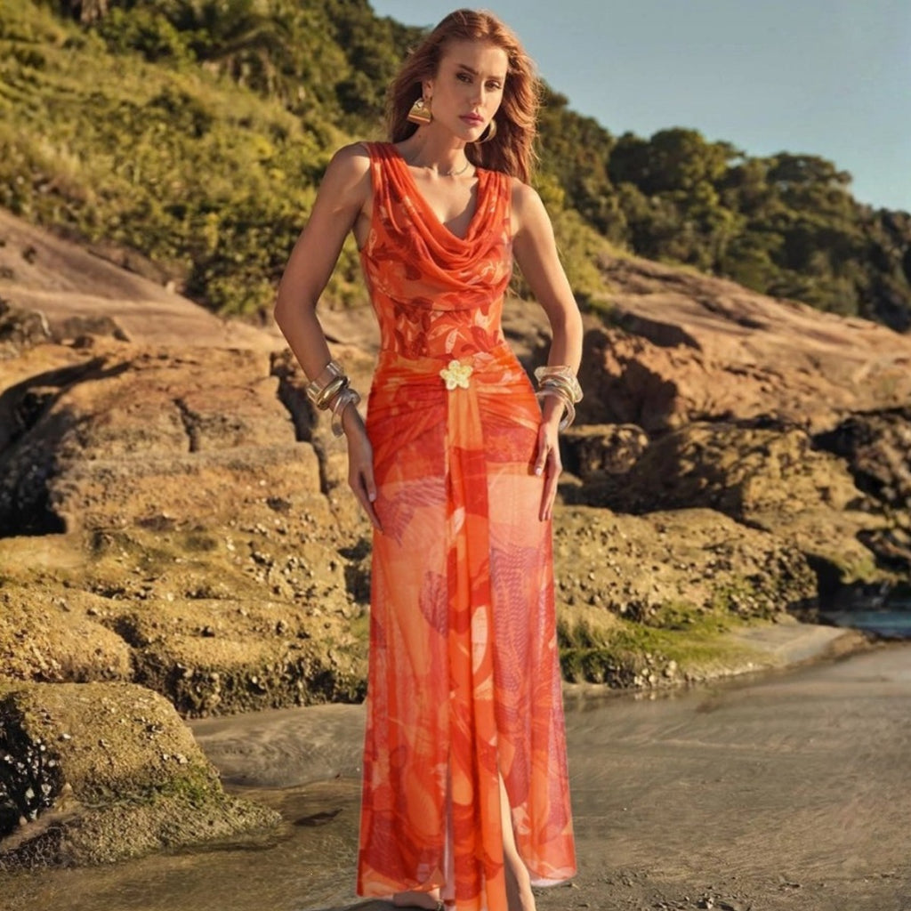 Swimwear Orange Floral Shoulder Mesh One Piece Swimsuit Set for Women ShineRealm