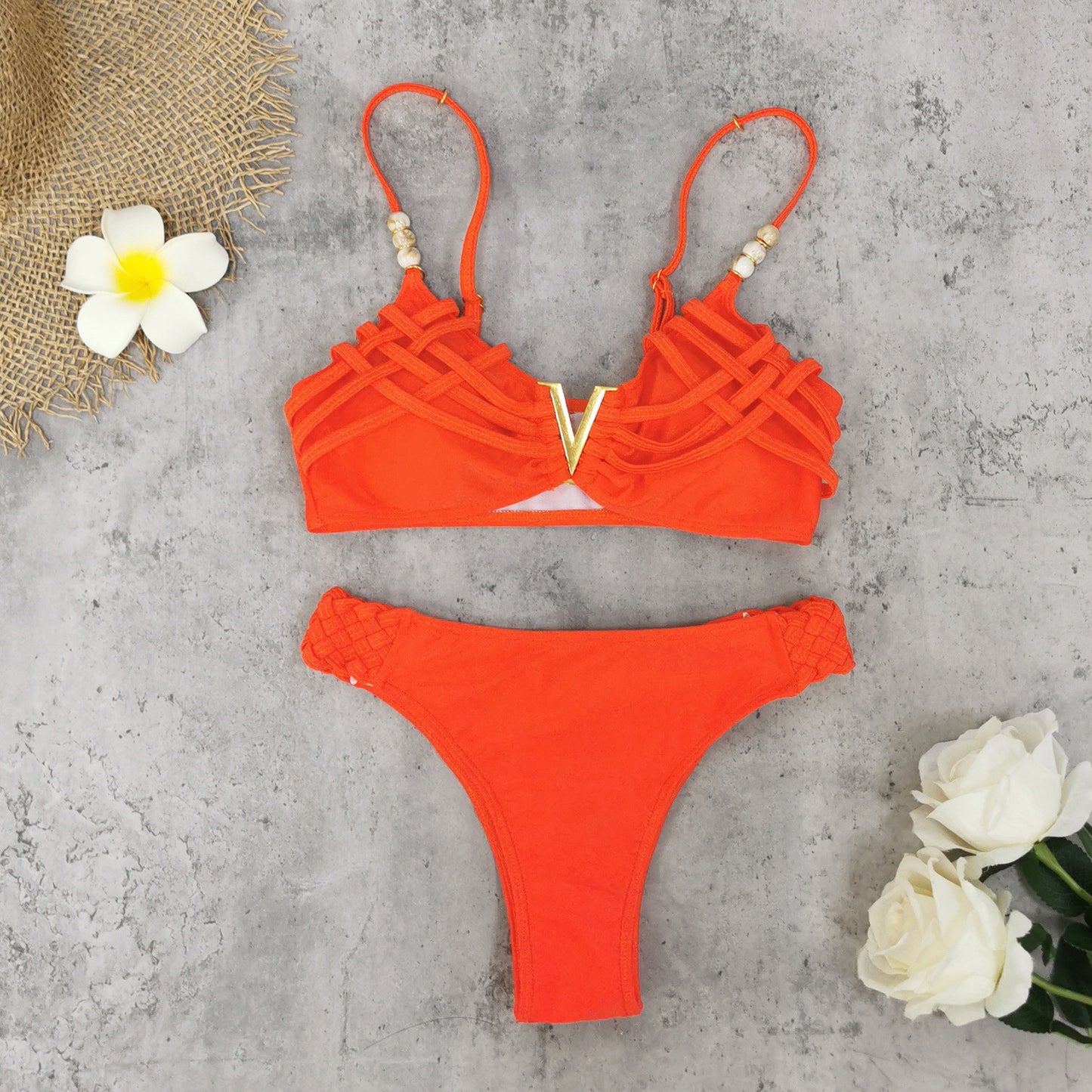 Solid Color Backless Sexy Split Swimsuit Women Bikini Woven