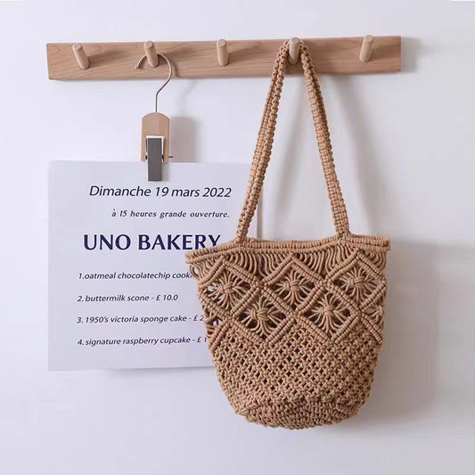 Artistic Simple Cotton Thread Shoulder Woven Bag Summer Niche Hollow Out Cutout Straw Bag Portable Women Bag Vacation Beach Bag