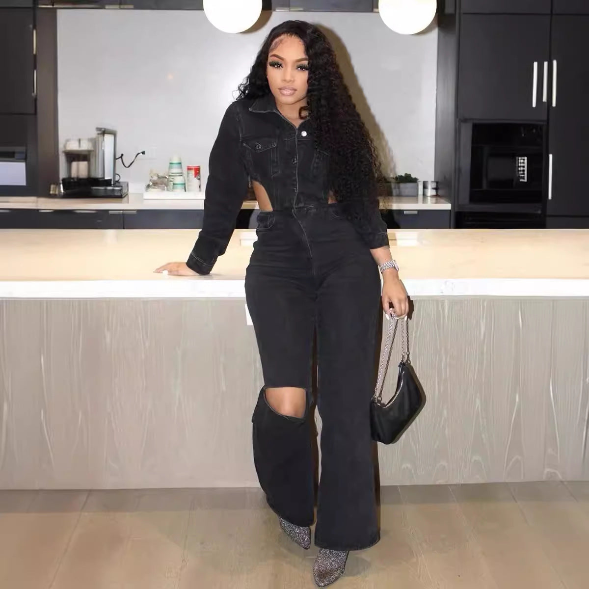 Mono sexy Shein informal elástico con aberturas y cortes de mezclilla