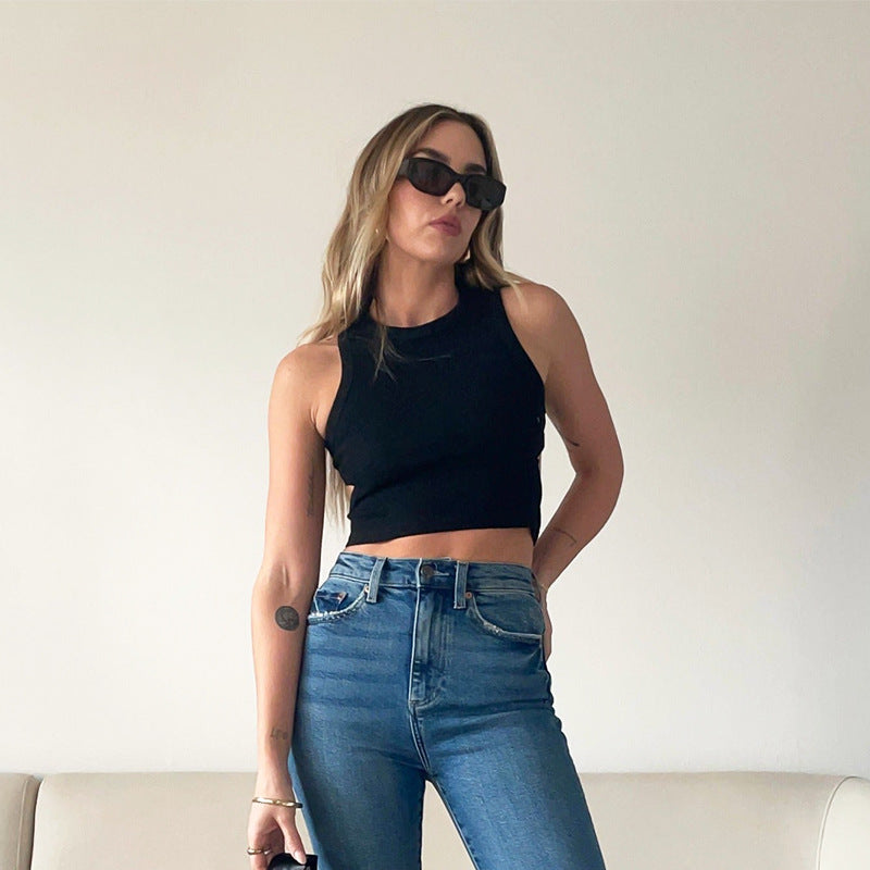 Women Clothing Basic Vest Women Clothing Slim Short Hollow Out Cutout Vest for Women SMUJI