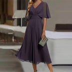 Summer Solid Color V Neck Waist Trimming Casual Swing Dress KAIXUAN