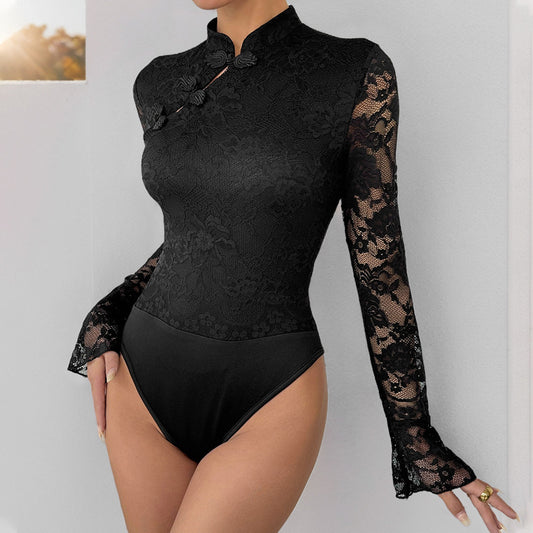 Ropa de otoño para mujer, mono chino negro con elementos cheongsam