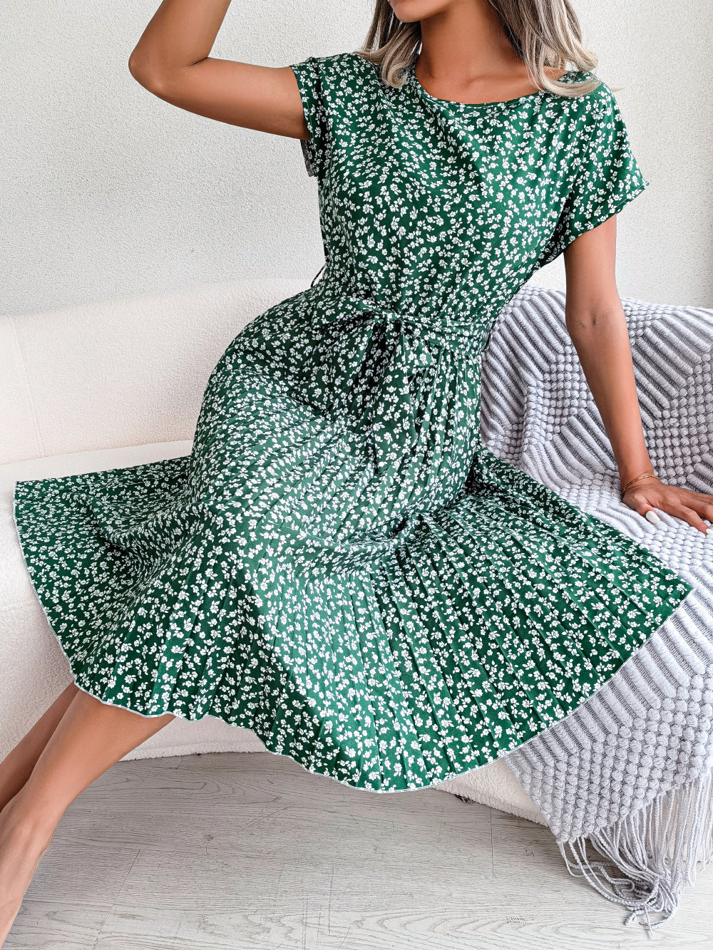 Spring Summer New Casual Short Sleeve Floral Large Hem Pleated Women Clothing BAGIISA