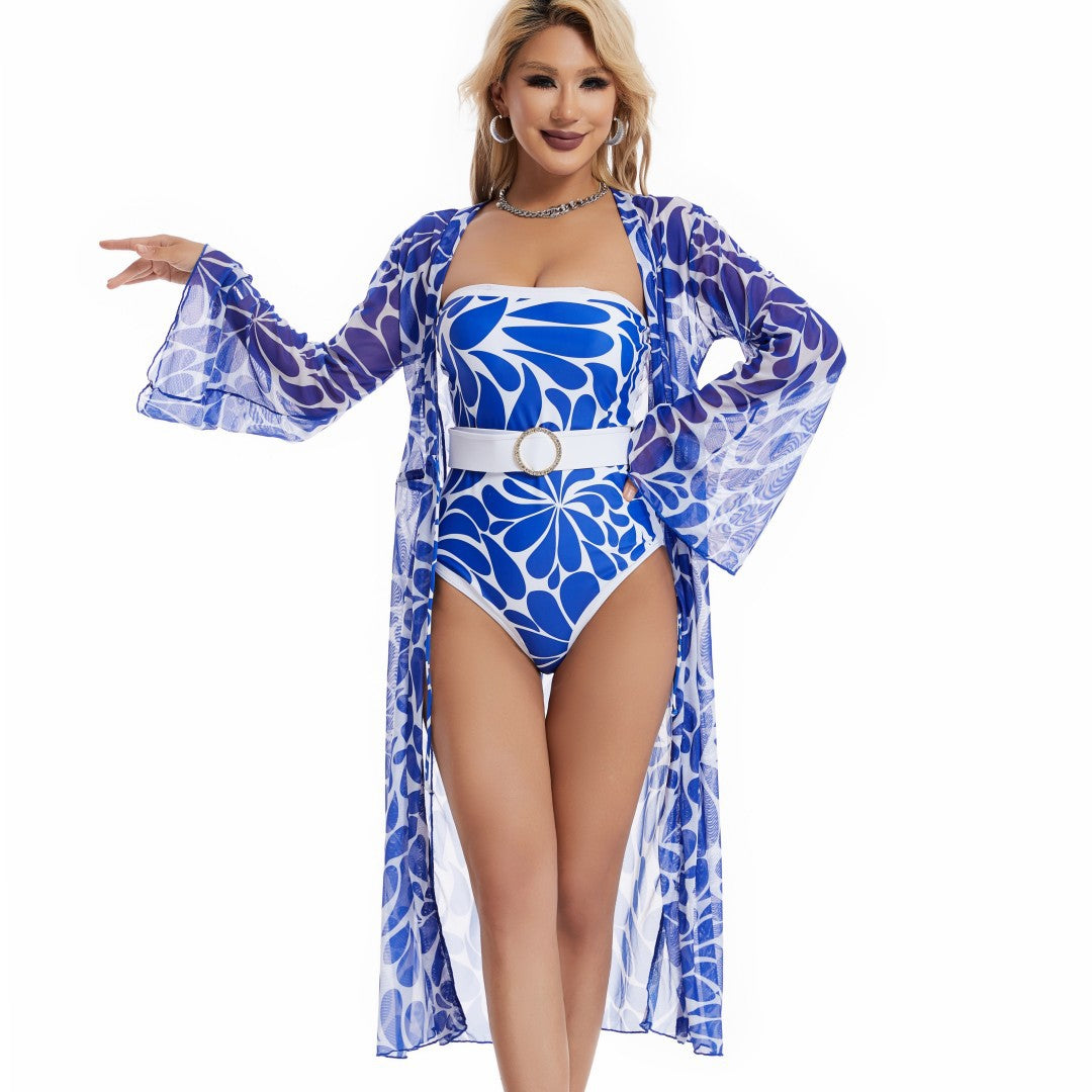 Traje de baño de una pieza con protección solar y estampado digital de malla tipo blusa tipo tubo para mujer