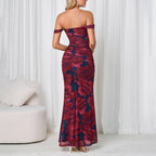 Mesh Camisole Dress Backless High Slit off Neck Slim Fit Ruffle Hip Dress SUNSHINE