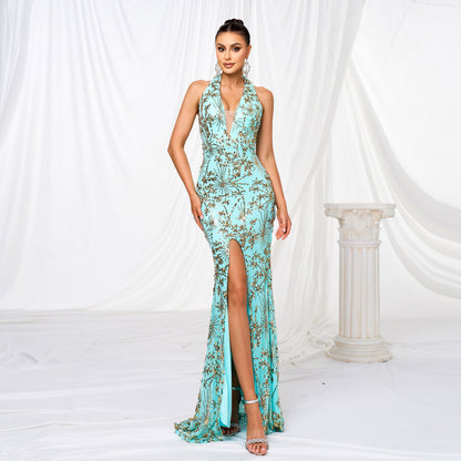 Women Clothing High End V neck Halter Slim Fit Sheath Sequined Cocktail Split Evening Dress