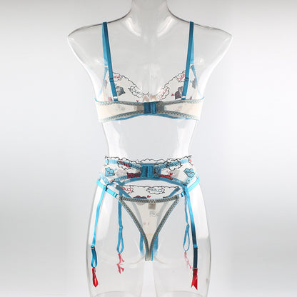 Sexy Cartoon Mesh Lip Enhancement Printed Garter Three Pieces Sexy Suit
