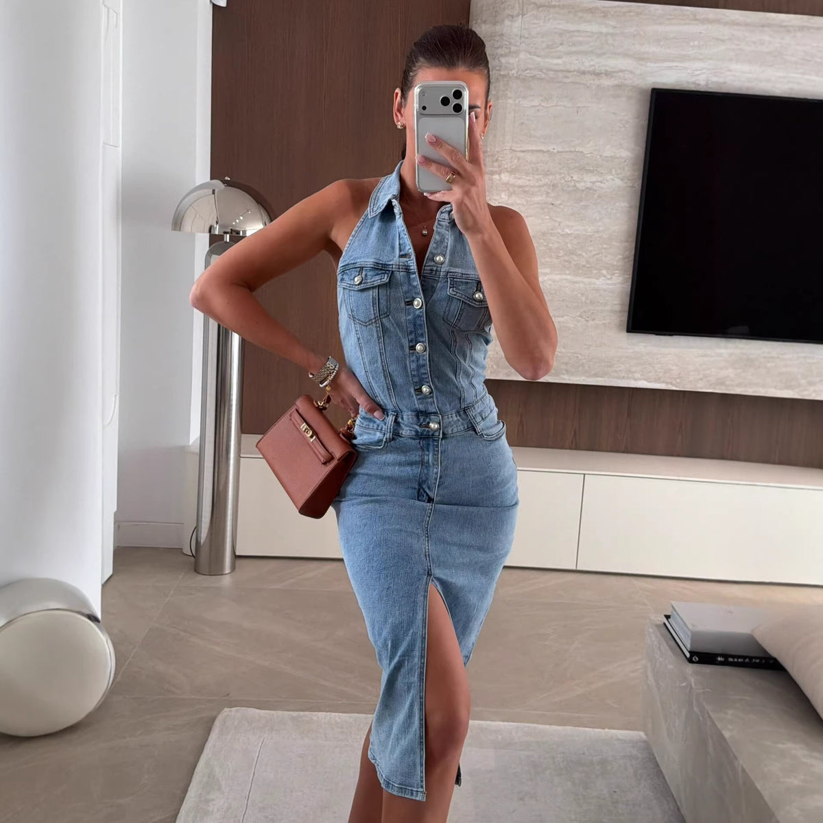 Women Summer Single Breasted Collared Sleeveless Waist A line Denim Dress YooYoung