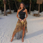 Seaside Vacation Leopard Splicing One Shoulder Dress Women Clothing Early Summer Exquisite Sexy Slim Fit Maxi Dress Dio