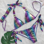 Bikini sexy de tres piezas con cristales y diamantes para mujer, traje de baño brillante para playa