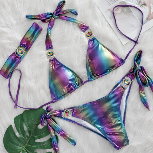Sexy Bikini Crystal Diamond Three Piece Split Swimsuit Beach Shiny Women Swimsuit
