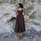 Pure Cotton V neck with Shoulder Straps Women Spring Elegant Sexy Lace up Backless Dress BlueLine