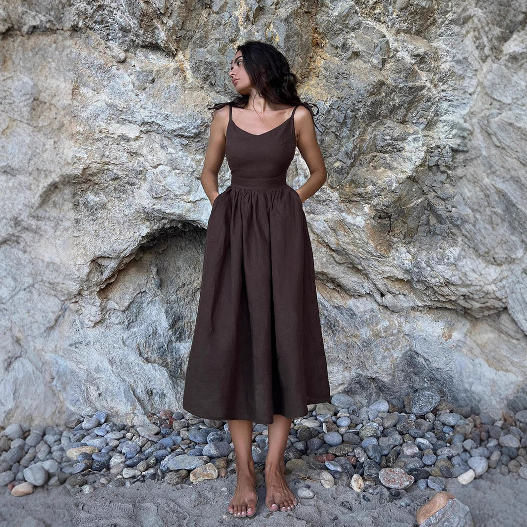 Pure Cotton V neck with Shoulder Straps Women Spring Elegant Sexy Lace up Backless Dress BlueLine