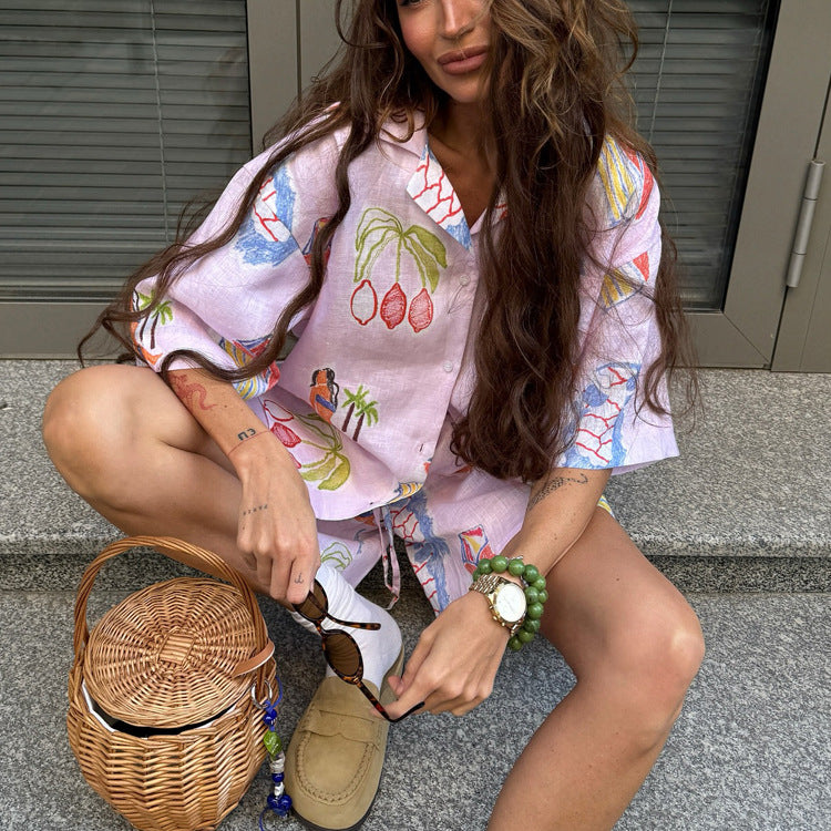 Summer Women Digital Printing Casual Shirt Outfit Collared Short Sleeve Cardigan Top Shorts Two Piece Set Kigali
