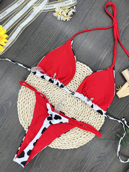 Bikini Heart Printing Sexy Backless Split Swimsuit Bikini