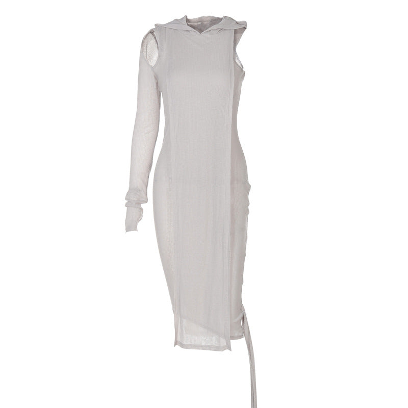 Vestido de otoño con capucha, manga larga, hombros descubiertos, asimétrico, irregular, transparente, para mujer