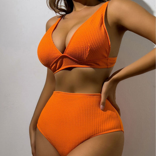 Bikini de cintura alta de color liso con rayas hundidas, traje de baño sexy para mujer, traje de baño de tela especial dividido