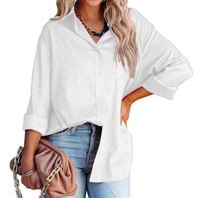Camisa de mujer de otoño cómoda de satén con estampado de grava, manga larga, holgada, para mujer