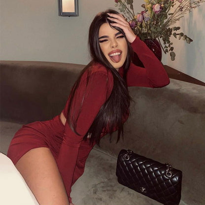 Elegant Women round Neck Long Sleeve Hollow Out Cutout out Split Red Retro Slim Fit Sexy Dress
