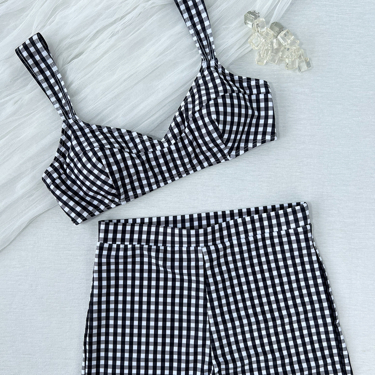 Ladies Split Plaid Printed Tied High Waist Shorts Bikini Swimsuit Bikini YatHin
