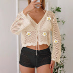 Cárdigan con cordones para mujer, camisa tejida con recortes y bordado floral, blusa de manga larga con protección solar para playa, abrigo informal