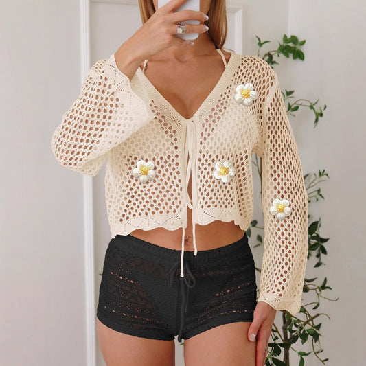 Women Lace up Cardigan Hollow Out Cutout out Woven Shirt Embroidered Floral Stitching Beach Sun Protection Long Sleeved Blouse Casual Coat